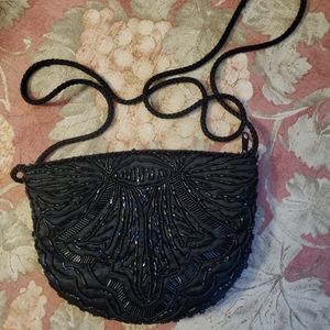 Vintage 1980s black beaded satin purse